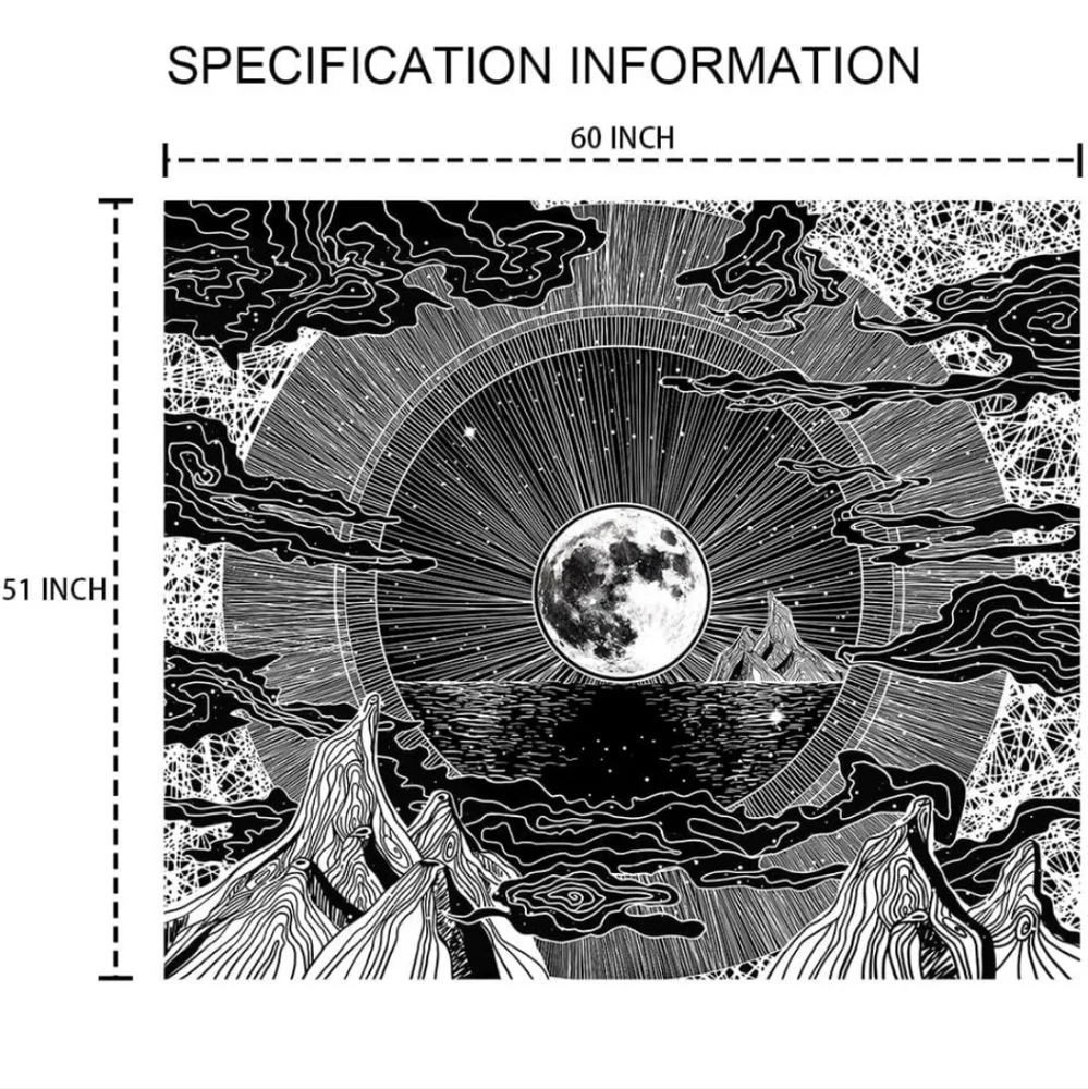 Moon Mountians Tapestry Black and White Wall Hanging Art 51x60 Inches
